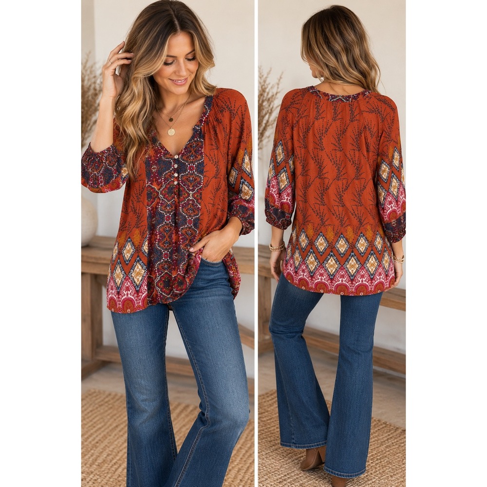 Fig and Flower Women Rust Orange Boho Mixed Print V-Neck 3/4 Sleeve Blouse M